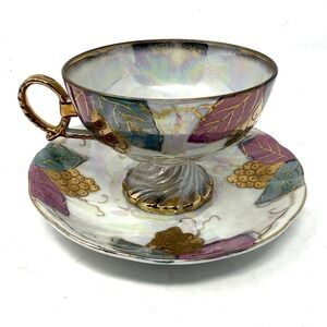 Del Coronado Footed Tea Cup Saucer‎ Set Iridescent Lusterware Grape Leaf